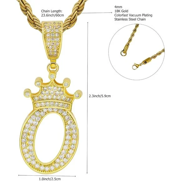 Personalized 18K Gold Plated Initial Letter Necklace with Crown Pendant - 23.6”